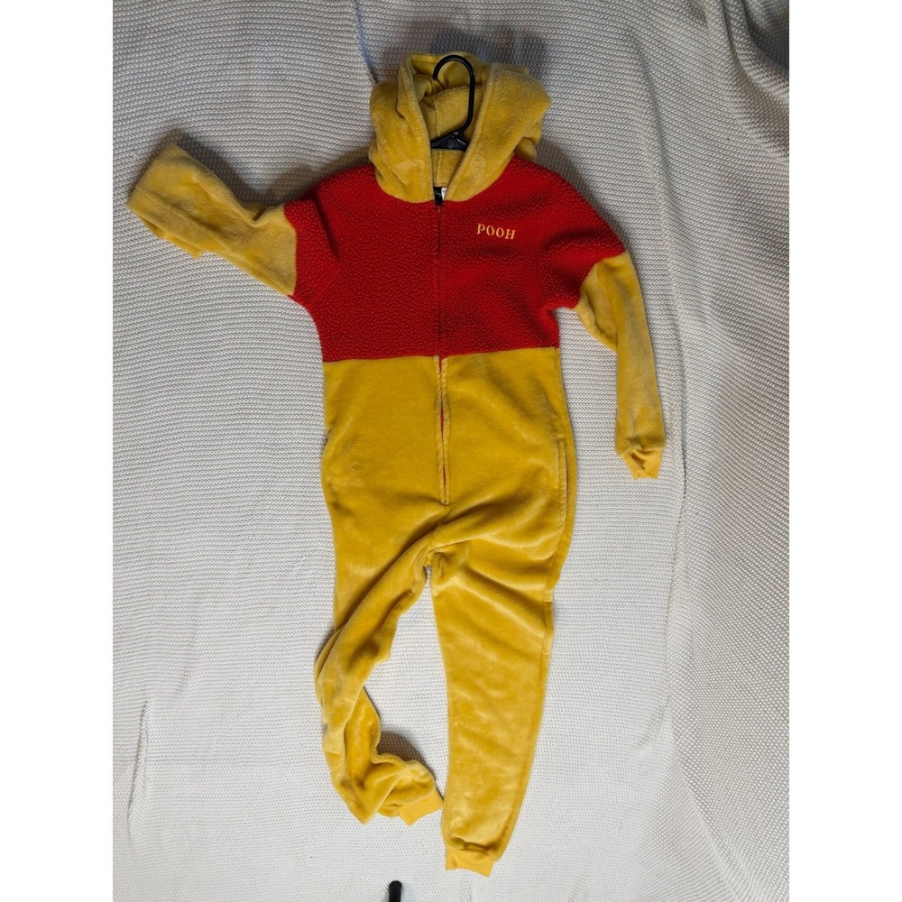 Disney Winnie the Pooh Hooded Union Suit Fleece Pajamas Yellow Red XS 0-2